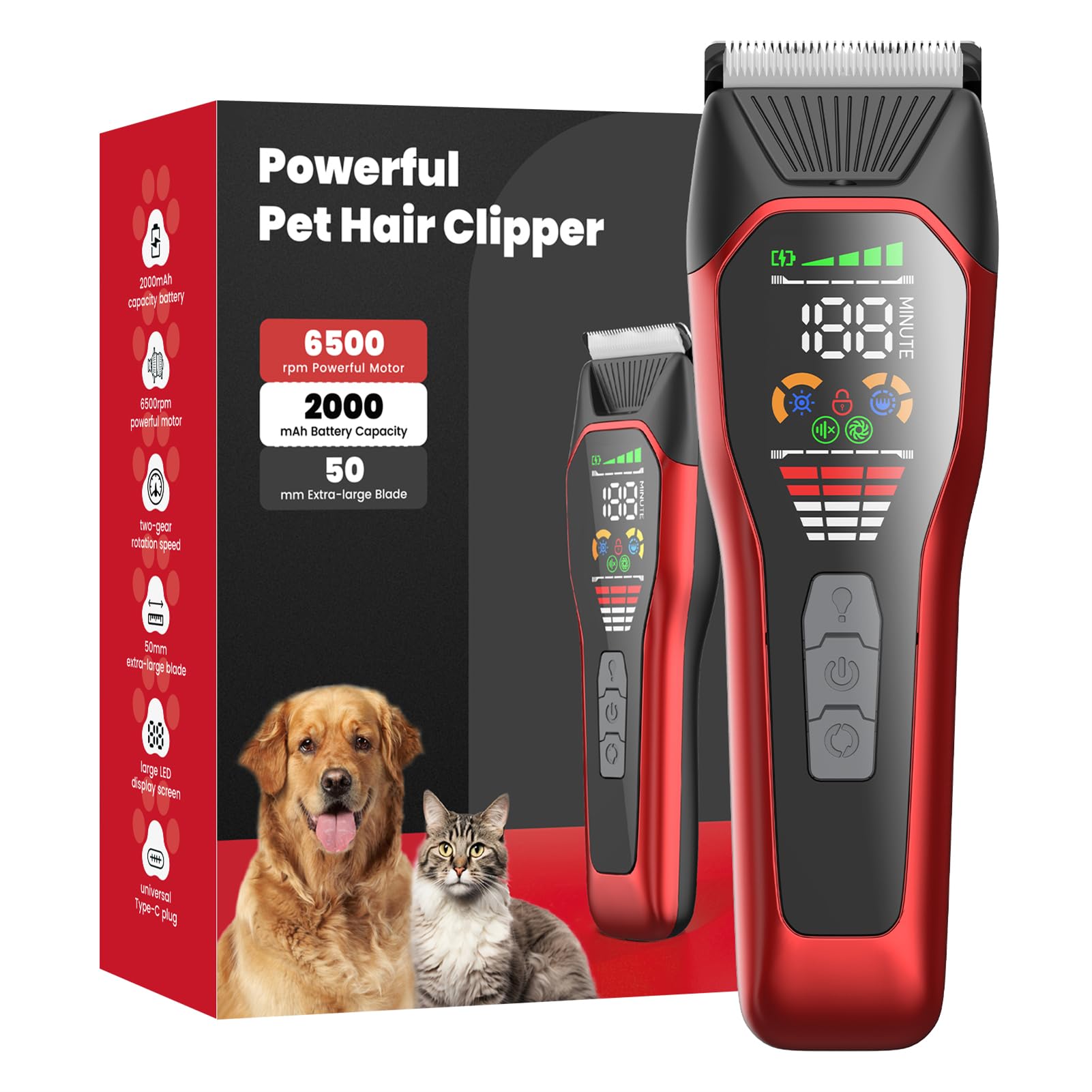Founouly Wide Blade Dog Cat Clippers - Professional Cordless Grooming Tools for Thick Coats - Low Noise Pet Hair Trimmer Kit
