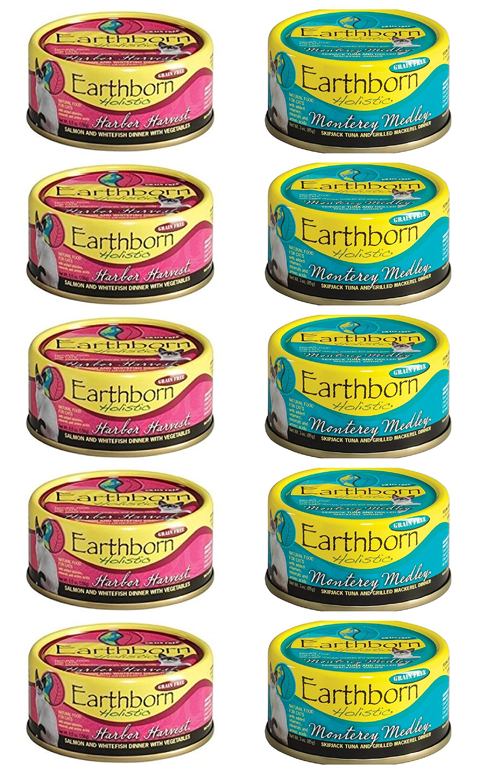 Earthborn Holistic Grain Free Cat Food in 2 Flavors: (5) Harbor Harvest and (5) Monterey Medley (10 Cans Total 3 Ounces Each)