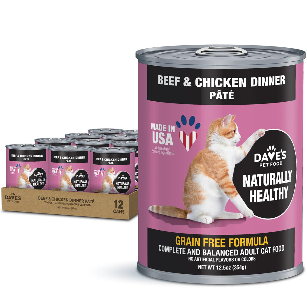 Daves Pet Food Grain Free Wet Cat Food (Beef & Chicken Pate) Made in USA Naturally Healthy Canned Cat Food Added Vitamins & Minerals Wheat & Gluten-Free 12.5 oz Cans (Case of 12)